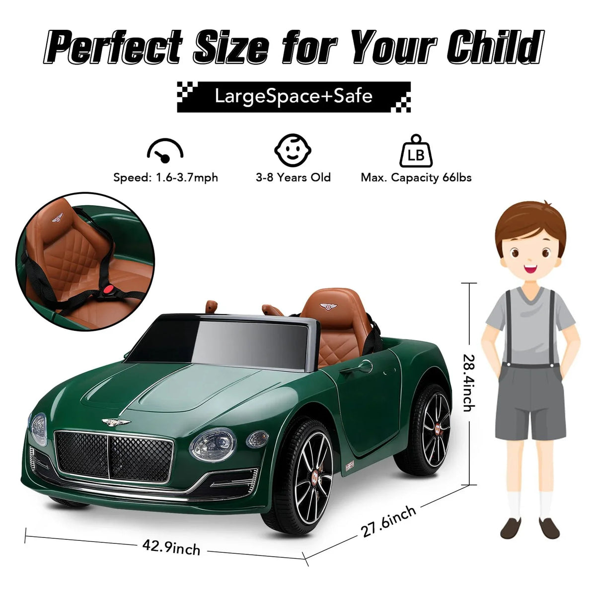 12V Control, Green Ride on Music, on Licensed for 3+, Girls Bentley Official Boys Age Car Car, Remote Ride Electric LISUEYNE with classic Car