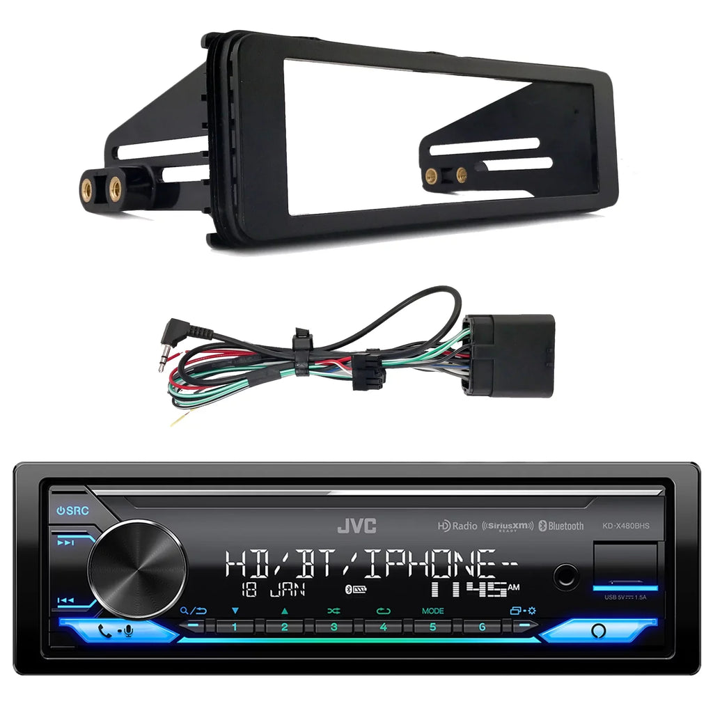 Harley Bundle LED Installation Radio AM/FM Din LED USB SiriusXM Car 98-2013 Enrock Amazon Single Alexa JVC Single AUX Stereo with Receiver Kit Bluetooth Combo Ready Install DIN Audio KD-X480BHS