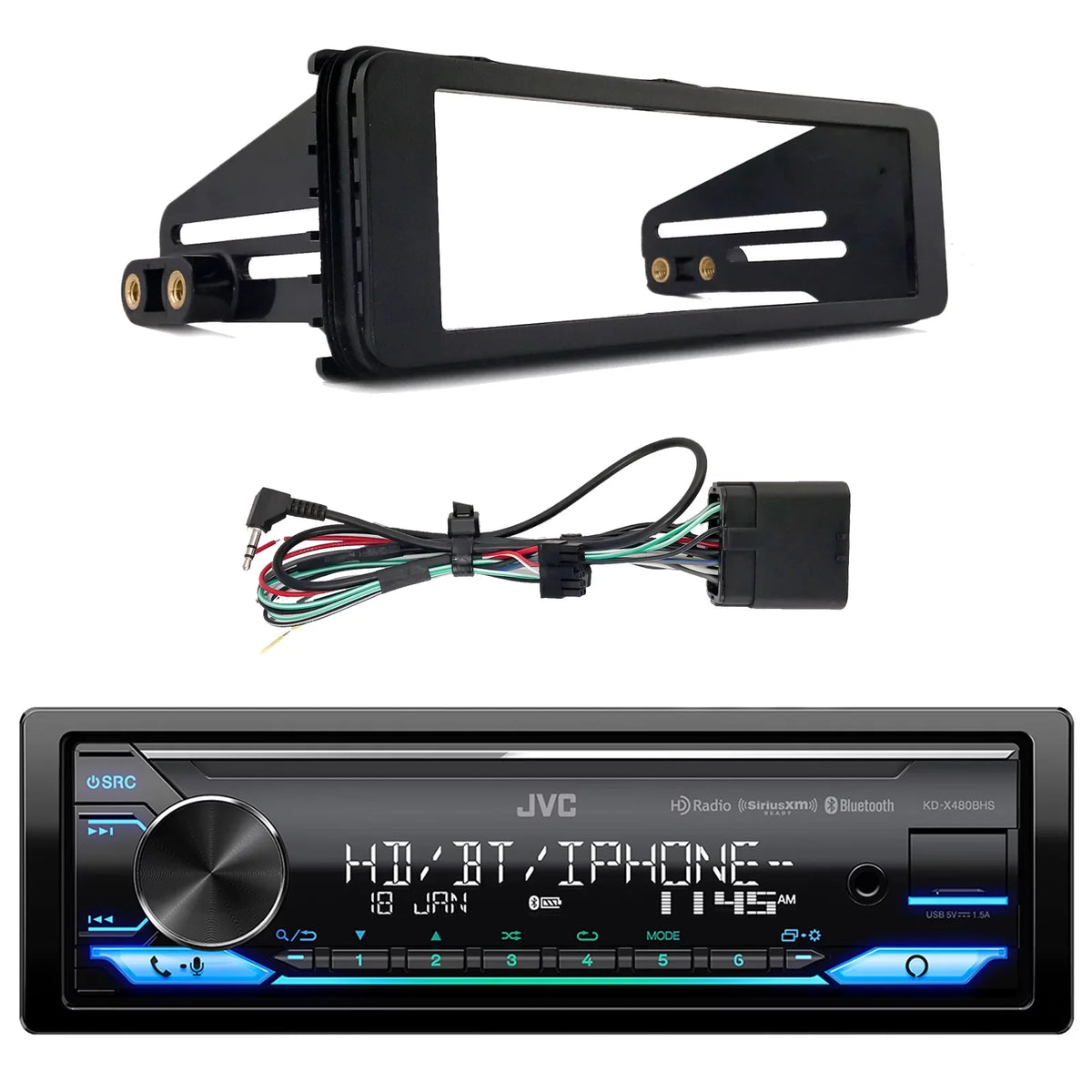 Harley Bundle LED Installation Radio AM/FM Din LED USB SiriusXM Car 98-2013 Enrock Amazon Single Alexa JVC Single AUX Stereo with Receiver Kit Bluetooth Combo Ready Install DIN Audio KD-X480BHS