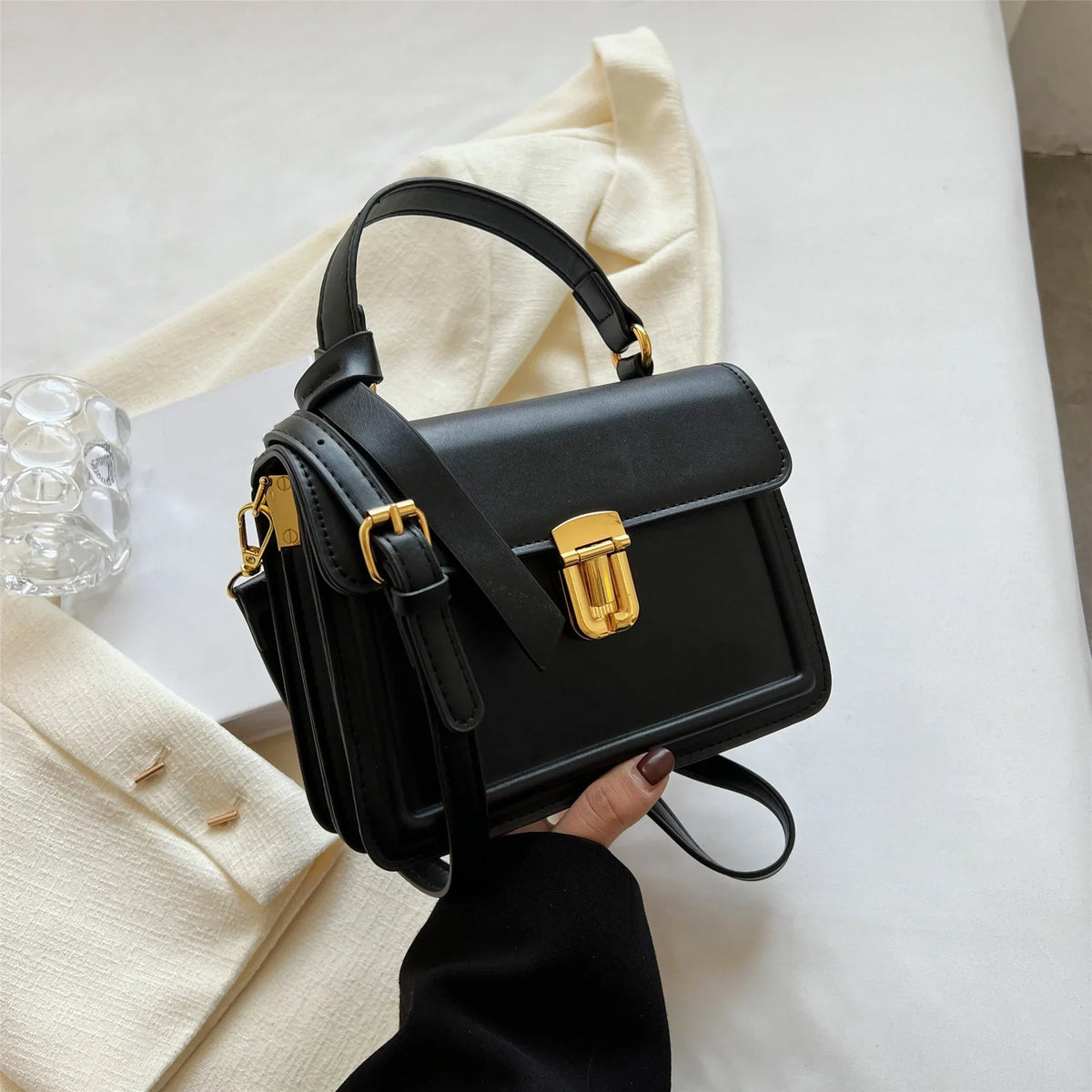 (7.9*5.93*3.16) For Junior Trendy Leather Crossbody Bag, Square Purse Women Flap Decor Inch Buckle Faux Handbag,