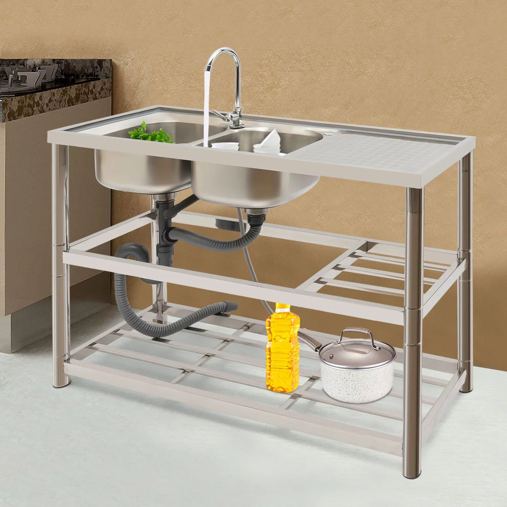 Faucet+Drainpipe with Kitchen trendy Sink Stainless Basin Double Aiqidi Prep & Freestanding Bowl Sink Steel Commercial Utility Restaurant