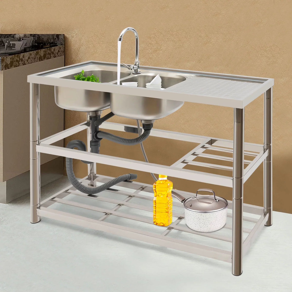 Faucet+Drainpipe with Kitchen trendy Sink Stainless Basin Double Aiqidi Prep & Freestanding Bowl Sink Steel Commercial Utility Restaurant
