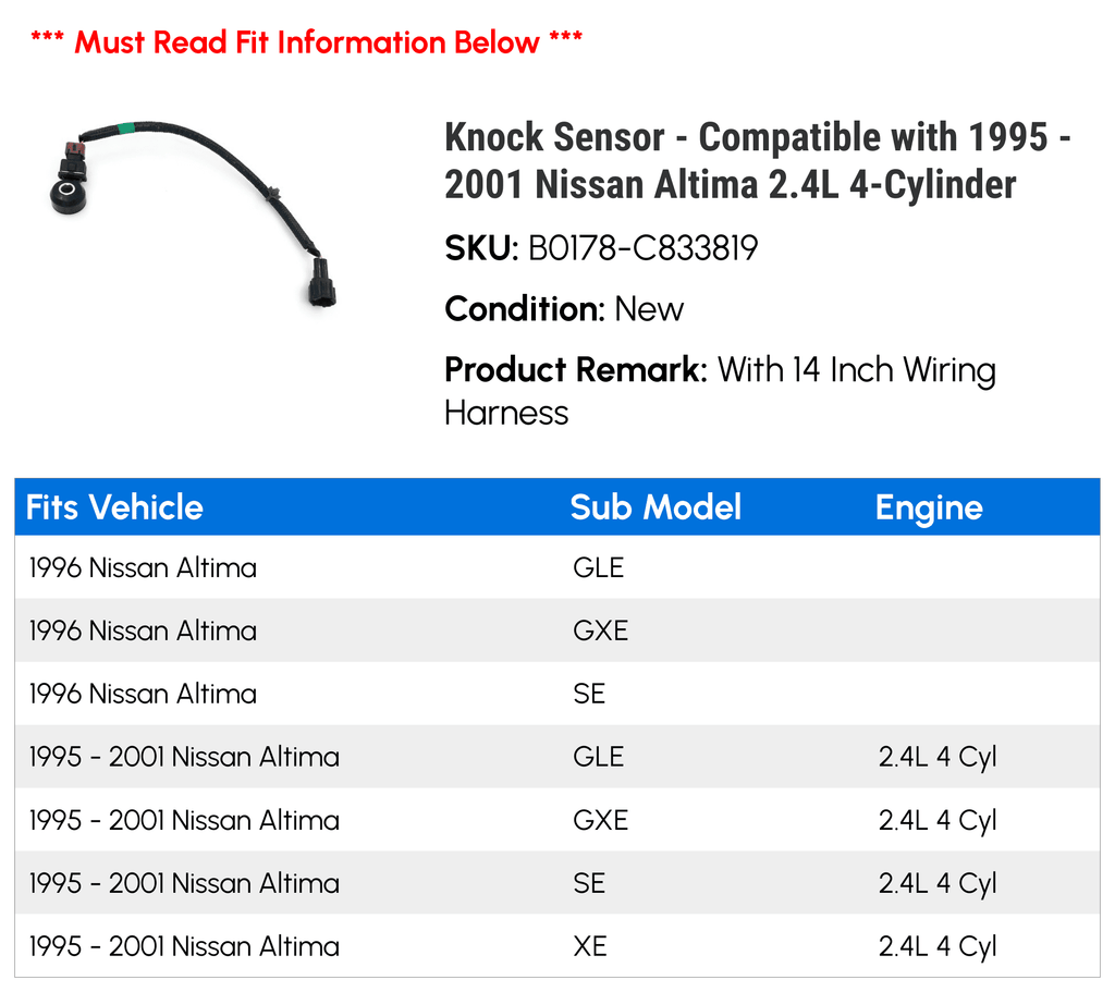 1997 Altima classic 1999 - 1995 2000 Sensor with Knock 2001 4-Cylinder Compatible 1998 Nissan - 1996 2.4L