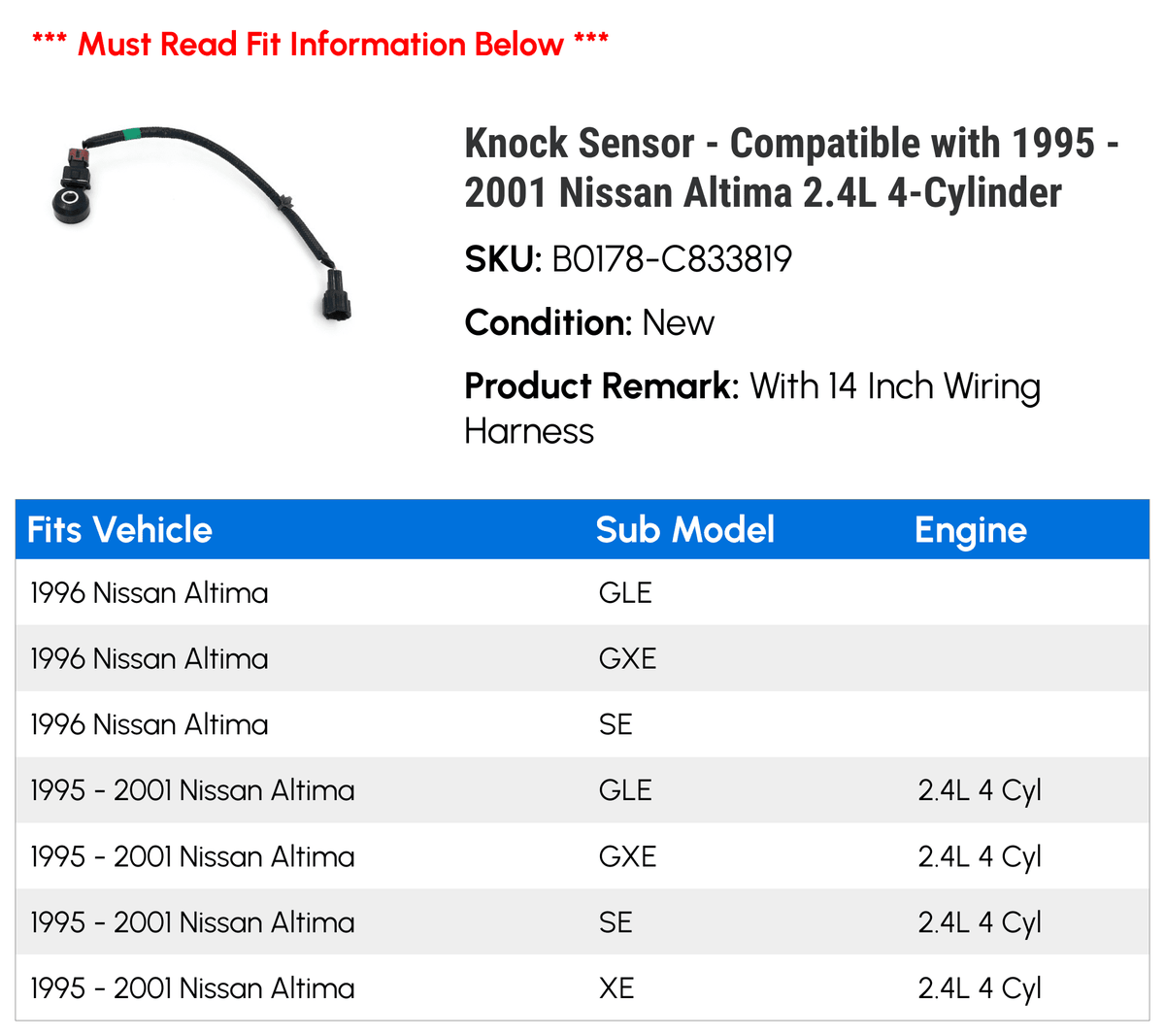 1997 Altima classic 1999 - 1995 2000 Sensor with Knock 2001 4-Cylinder Compatible 1998 Nissan - 1996 2.4L