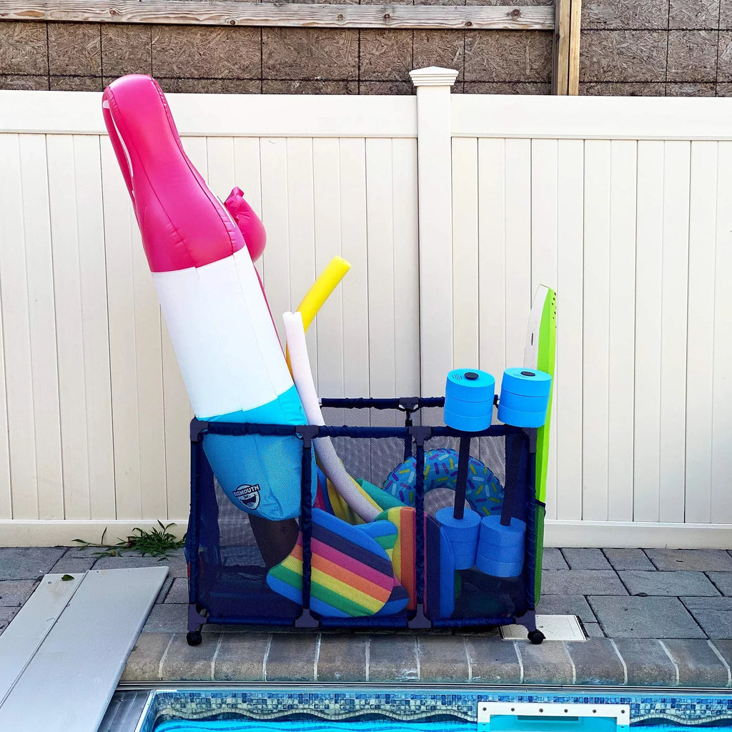 Toys, 28" x L Storage Floats, Height, W Style 563009 Floats Essentially Mesh 25" Equipment Organizer (43" and Blue x Kids Balls Noodles H), Bin, Pool Large, Rolling Holder, Yours