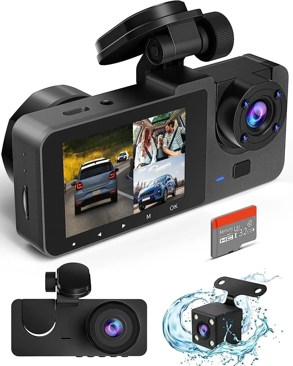 3 Inside,4K SD Recording,24H Rear Cars Card,Built-in 32GB Front Dash with Screen,WDR,Loop UHD Mode and Angle,2.0'' Dash Parking Full Vision,170°Wide Channel IPS Free Camera Cam for Night Super