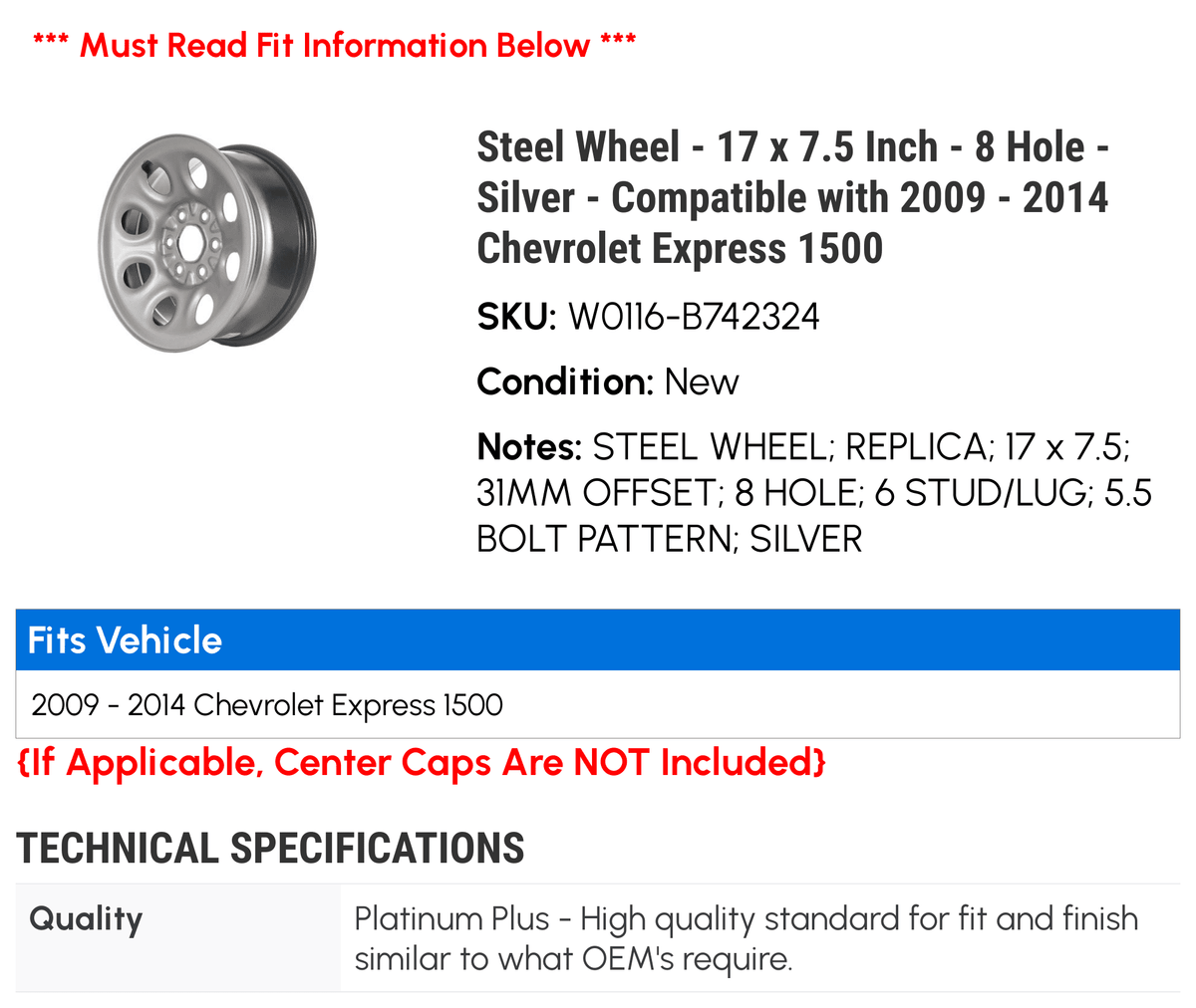 Express Silver 2009 1500 - - 2012 special edition 2014 Steel 2013 Inch - Hole Compatible Wheel - 8 Chevy 7.5 2011 with 17 - 2010 x