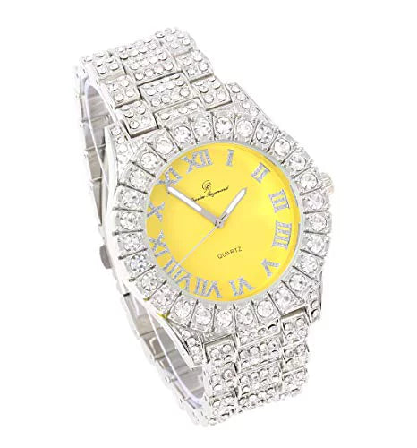 '- Rocks Big Dial Yolo Watch Yellow) Fully Single RN ST10327 Iced Numerals Mens (Silver with Silver Out Roman Colorful
