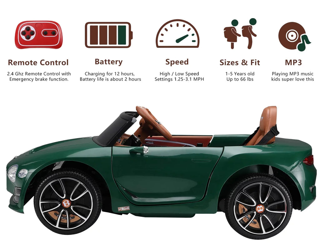 12V Control, Green Ride on Music, on Licensed for 3+, Girls Bentley Official Boys Age Car Car, Remote Ride Electric LISUEYNE with classic Car