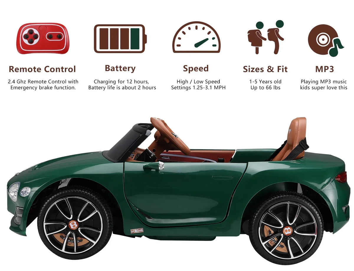 12V Control, Green Ride on Music, on Licensed for 3+, Girls Bentley Official Boys Age Car Car, Remote Ride Electric LISUEYNE with classic Car