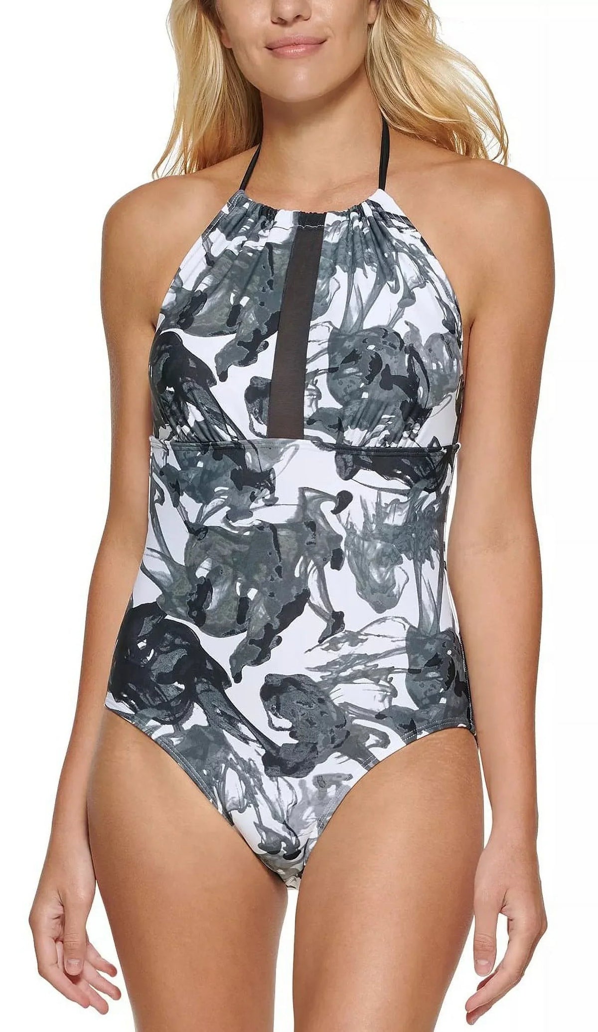 Klein Calvin One-Piece Halter SMOKE BLACK MULTI INK 16 US high quality Swimsuit, High-Neck