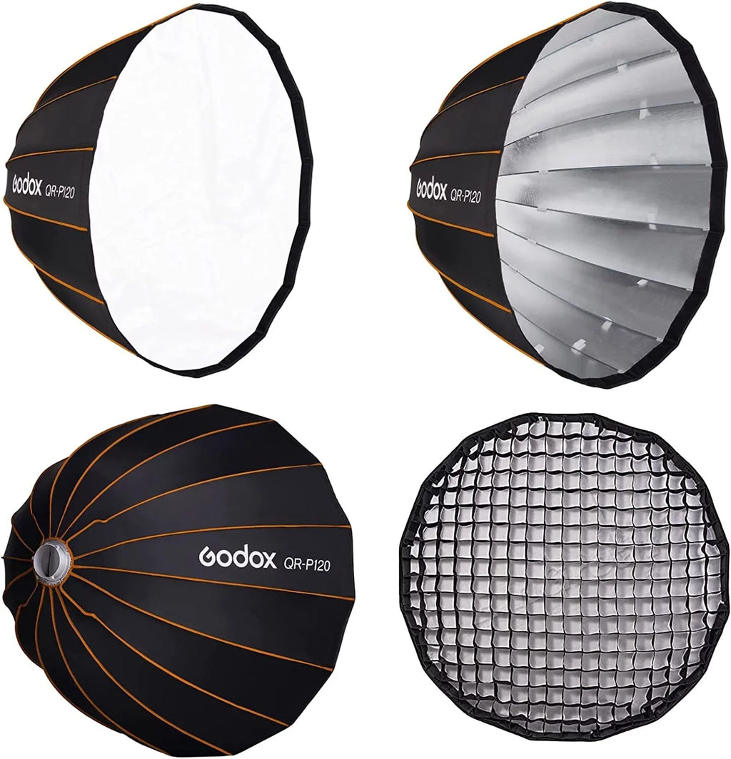 Softbox, Parabolic Quick Diffuser with Softbox Front w/Grid Inch/120CM SL150II GODOX & AD600BM Release Parabolic VL150 classic Mount, 100X 200X Amaran QR-P120 200D Inner Bowens SL-60W 47.1 UL150