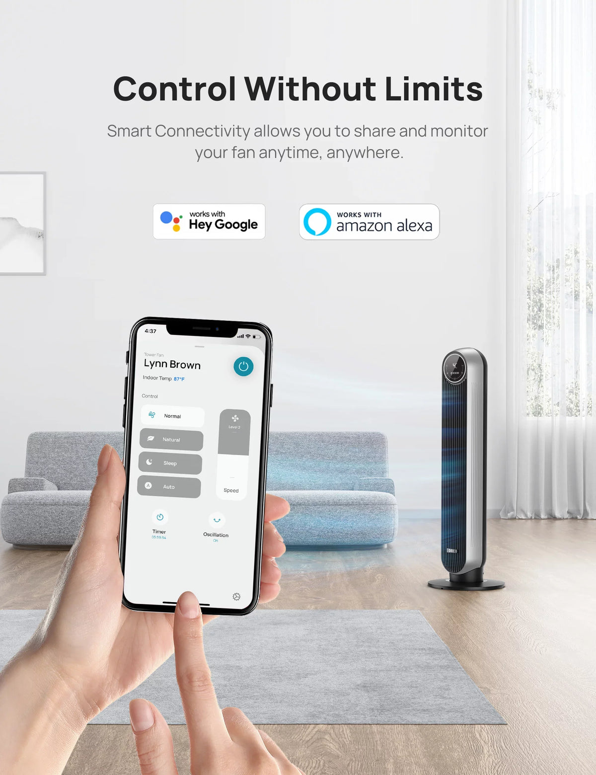 Timer, Quiet Oscillating for Bladeless Speeds, with 8H Smart Alexa/Google Bedroom, 4 and with Floor WiFi Fans, Fan Works Tower 4 Dreo Modes, Standing Remote Control, Fan Voice