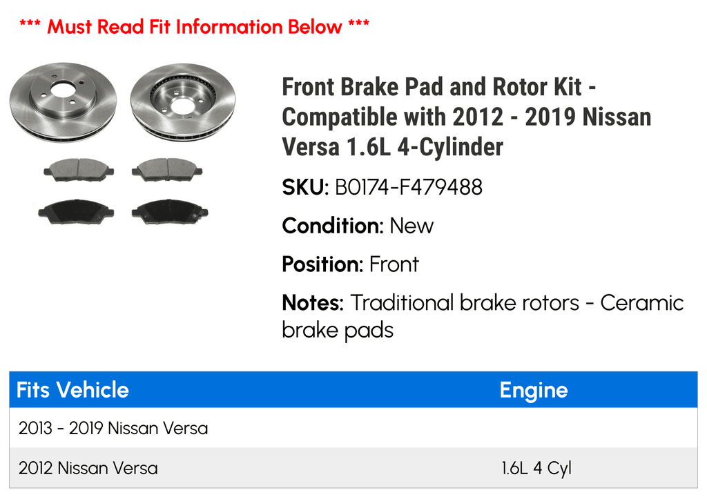 2018 2015 2017 with 1.6L 2012 2016 - 2014 Rotor and Nissan 2019 Kit Compatible 4-Cylinder 2013 Pad Brake new - Front Versa