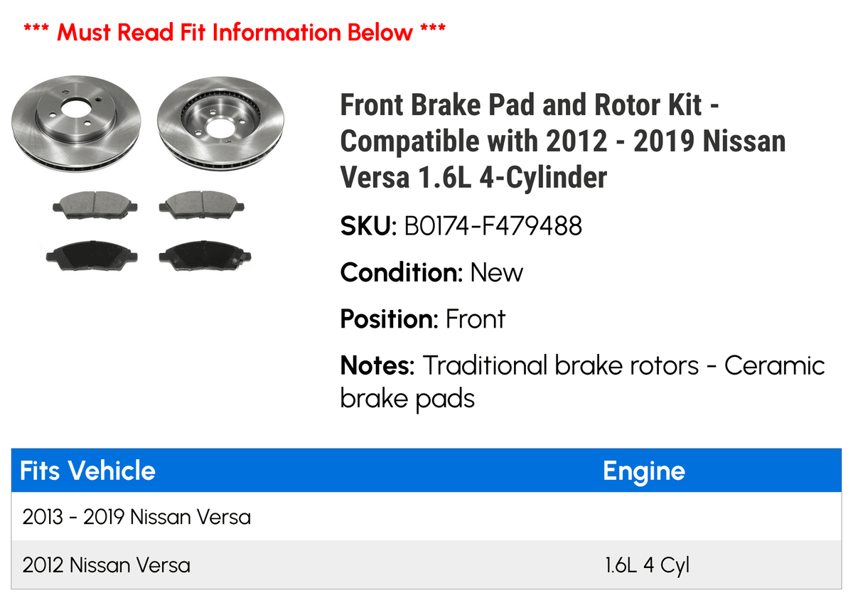 2018 2015 2017 with 1.6L 2012 2016 - 2014 Rotor and Nissan 2019 Kit Compatible 4-Cylinder 2013 Pad Brake new - Front Versa