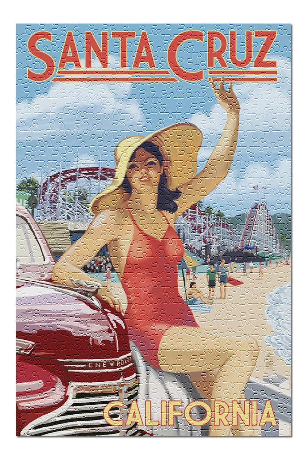 Jigsaw Adults 500 Woman Rides Santa Cruz, Premium in and USA) inches, Piece for California, and Made Family, (19x27 Waving Puzzle