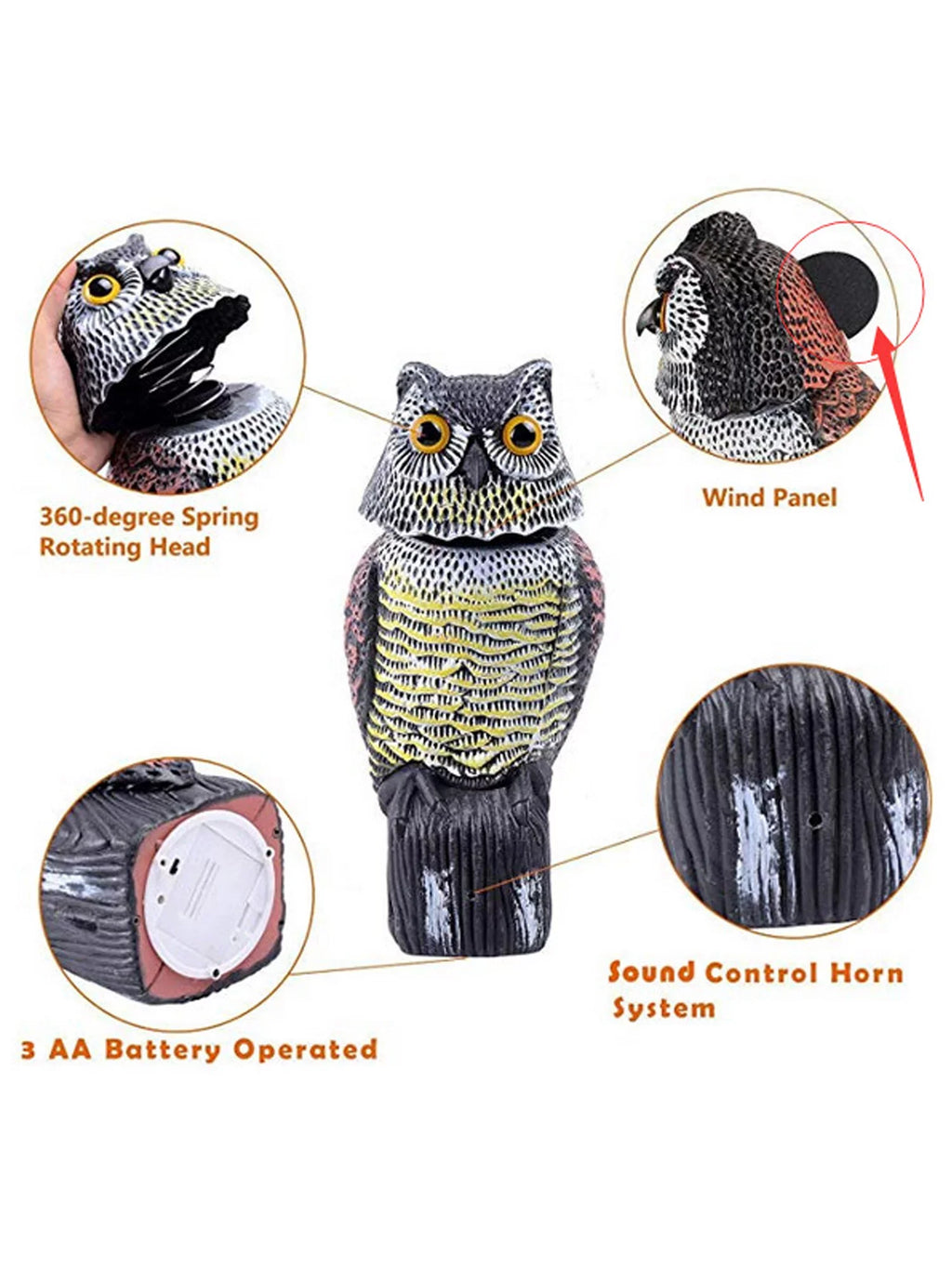 Scarer Pigeon Owl Bird Realistic Listenwind Head With Decoy Rotating Crow