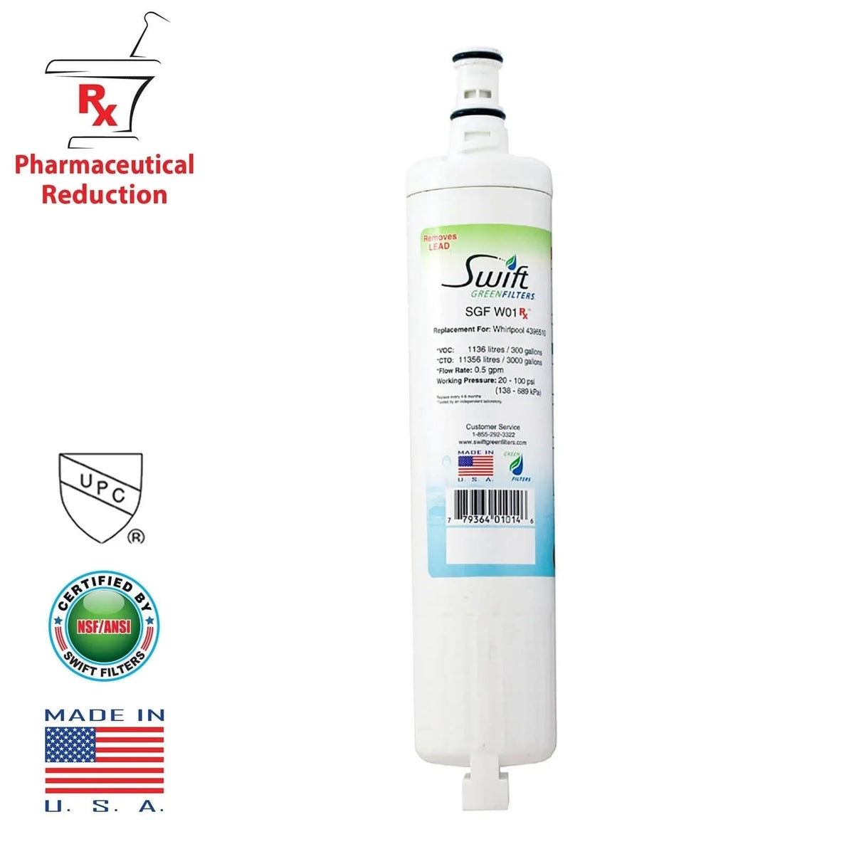 Swift Whirlpool Filters Replacement Refrigerator classic SGF-W01 RX (3 Water EDR5RXD1 Green Filter 4396508 Pack)