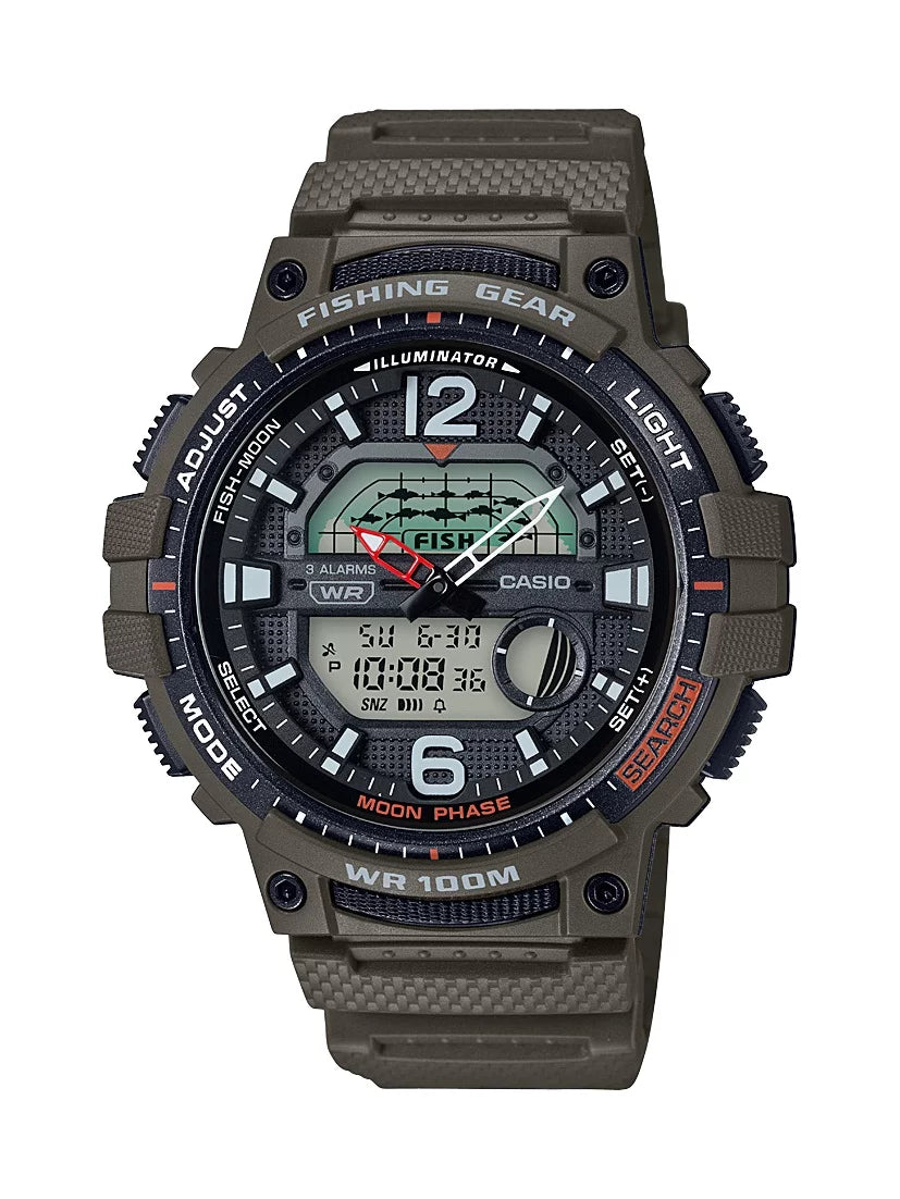 Plastic Watch, Fishing Timer Green new Graph Resin, Moon strap Analog-Digital and