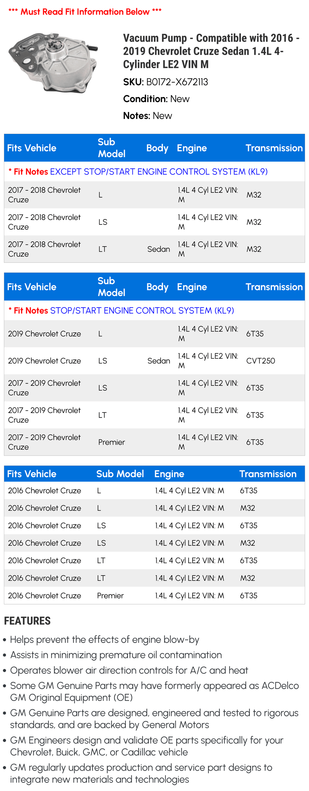 Sedan Vacuum - 2016 2017 with 1.4L LE2 new Compatible Chevy Cruze M - 2019 4-Cylinder VIN 2018 Pump