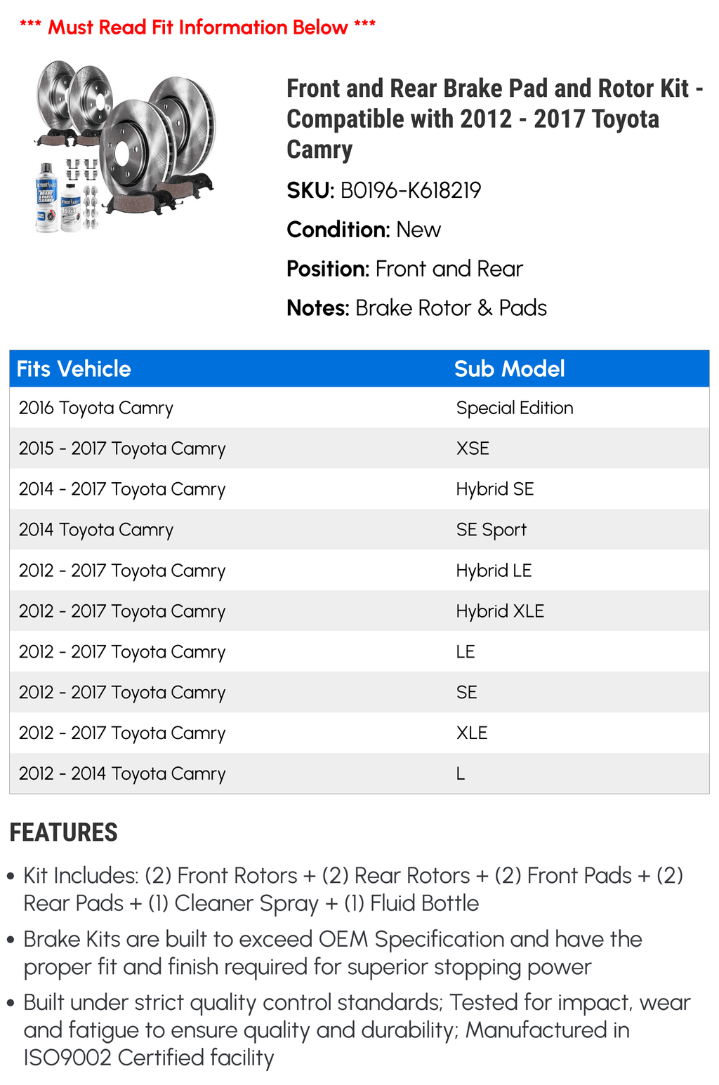 Toyota Brake Camry 2014 2015 2012 Rotor 2017 - Front Pad Rear special edition and and with 2016 Compatible - Kit 2013