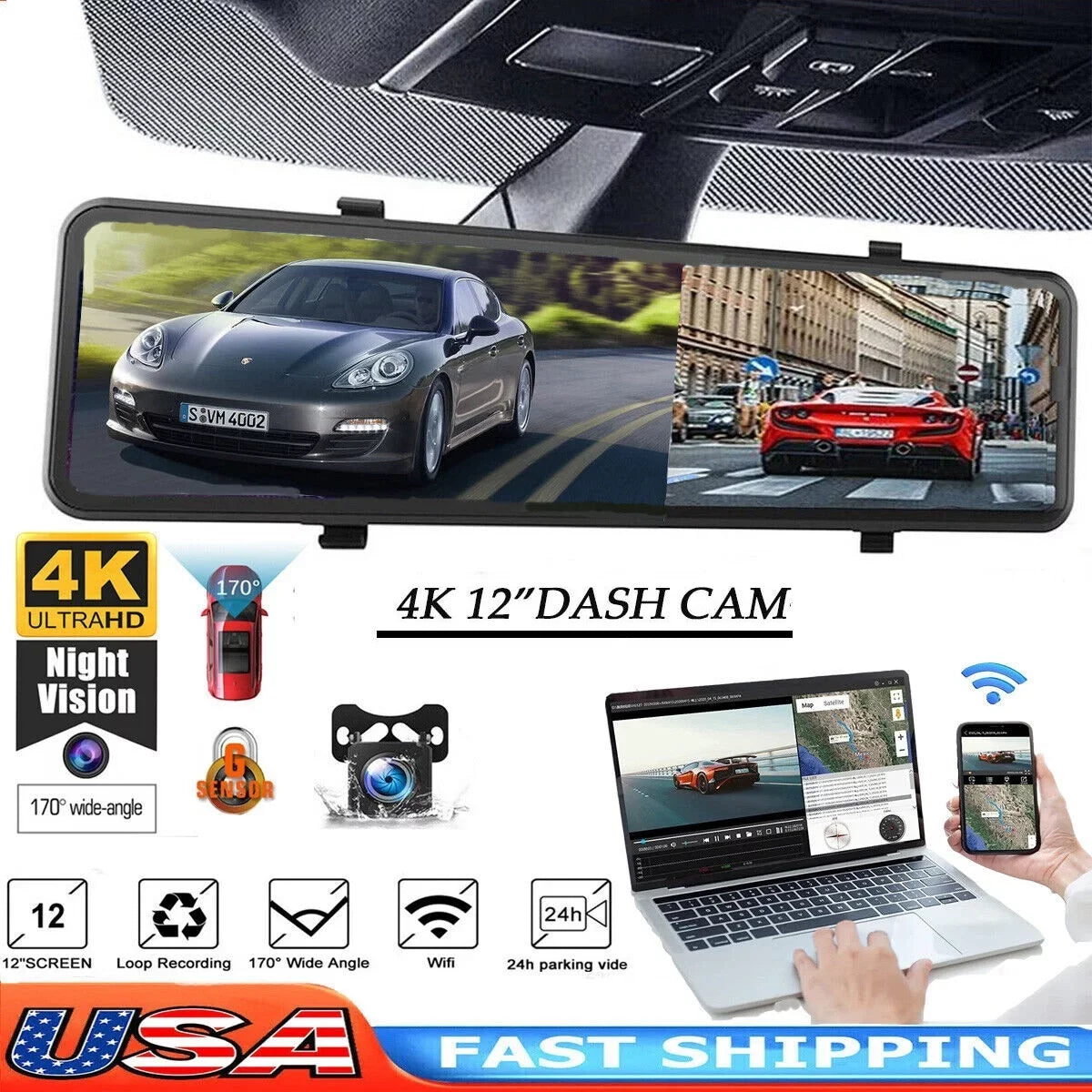 12" Reversing Dual Camera Parking high quality Rear Camera and Cam Dash Monitoring, Vision, Mirror Car Night Front Super Backup 4K Assistance