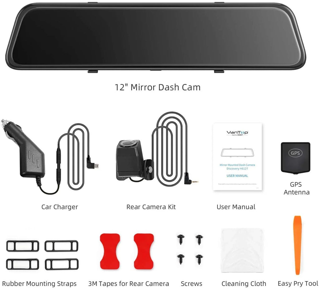 Mirror 4K Front classic 12" Parking Camera Rear Cam Control Dual Monitor Mirror Screen, - Dash Camera, Cars Touch Vantop W/Night IPS & View H612T Vision Dash Voice