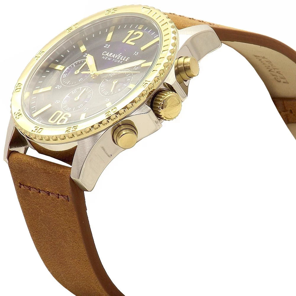 Brown Strap Dial Sport Leather Men's Blue special edition Watch 45A135 Caravelle Chronograph