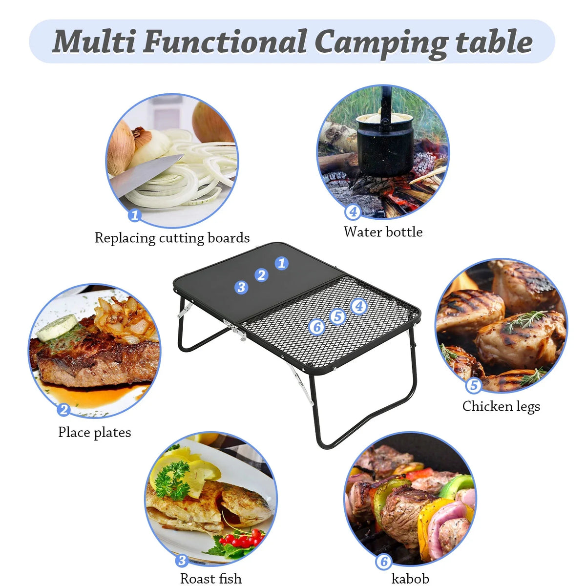 2-in-1 for Camping Fishing,Camping. Barbecue, Cutting and Board Table Table, Campfire Folding Picnic, Outdoor Portable Grill