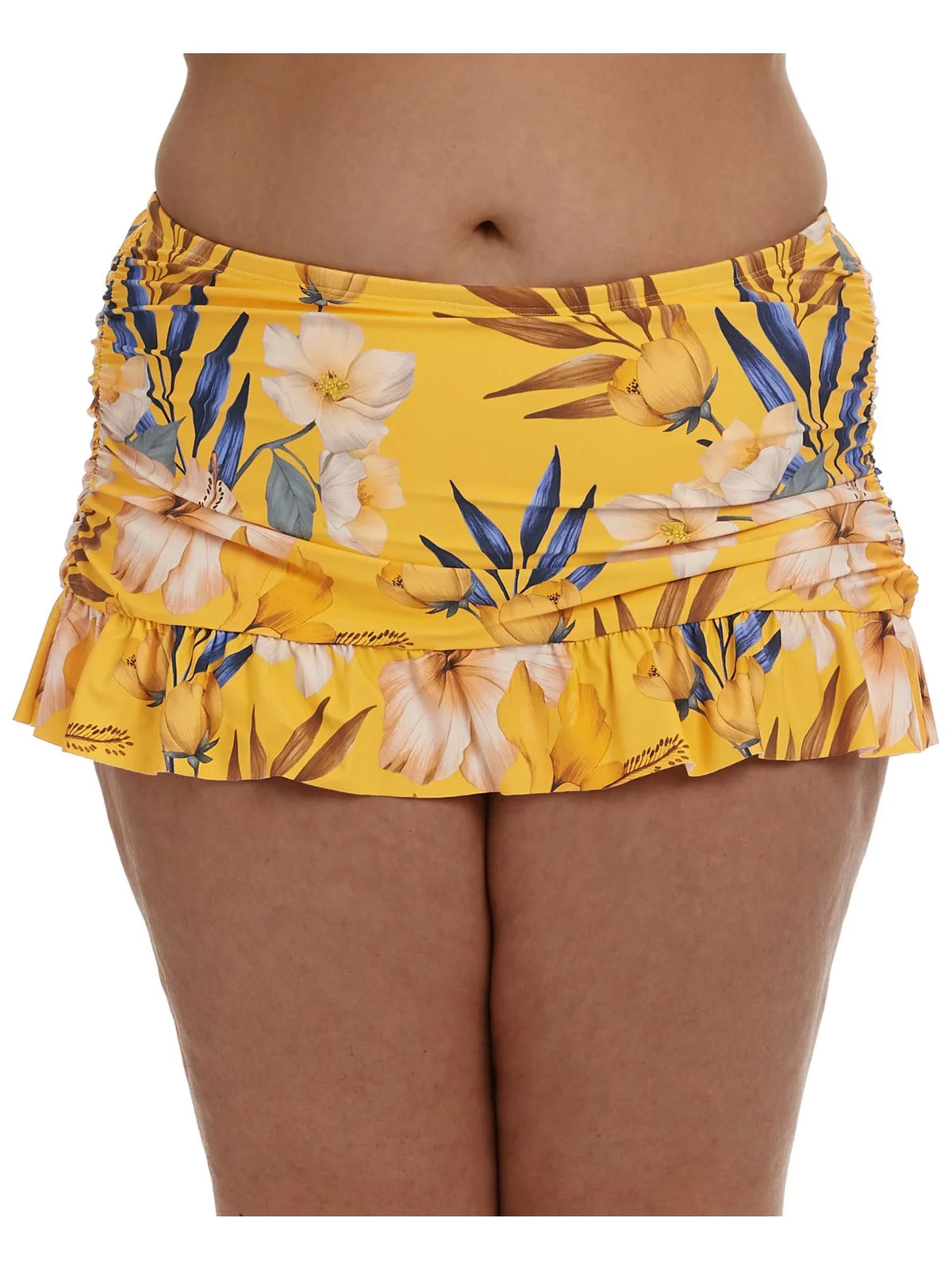 18W Skirt BLANCA LA Swimsuit Belle Control Women's Ruched Fiore Stretch Coverage Yellow Printed Swim Bottom Moderate Lined Ruffled Tummy Sides