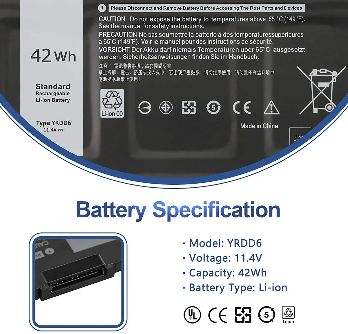 YRDD6 5485 Latitude 5482 5591 Inspiron Battery 3310 5491 For 42Wh 0YRDD6