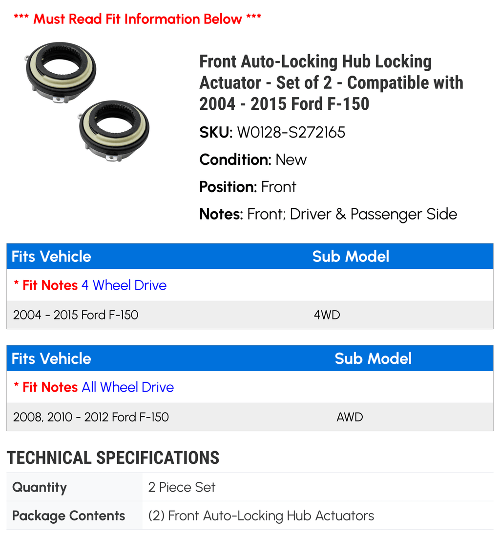 2011 2 - with F-150 2008 Compatible 2007 AWD 2005 2009 2012 Set Actuator 2014 Hub of 2004 Locking 2010 Front Auto-Locking 2006 Ford - 2013 special edition - 4WD, 2015