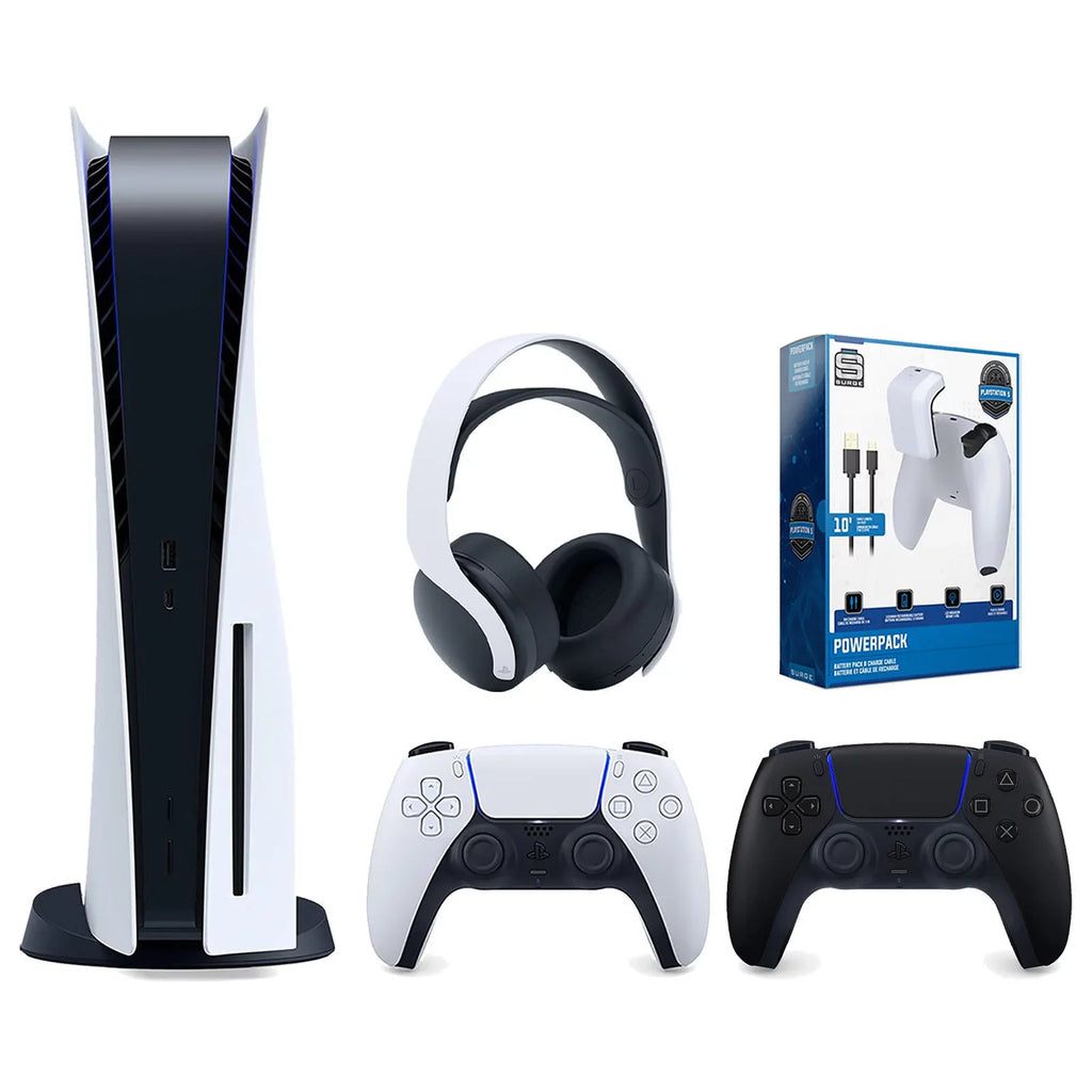 PowerPack Console with Extra PULSE Pack Black Disc Version Charge 5 & Battery 3D Cable and Playstation Headset Bundle Controller, Surge White