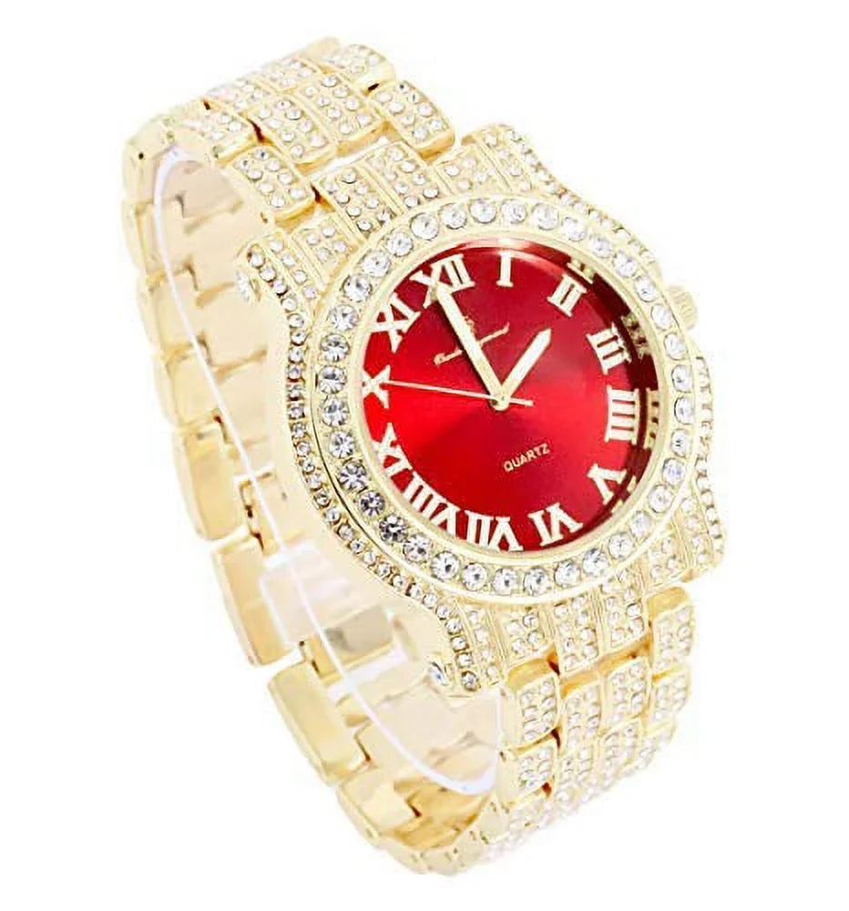 Out Blood Bling-ed Link Gold w/Bling-ed Gold L0504RNB Bracelet ZZ - Luxury ZZ Out Mens Round Red Design Watch