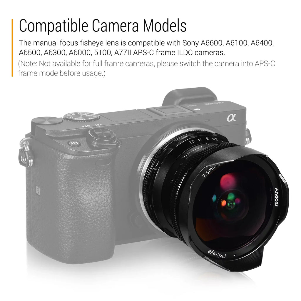 E-Mount 180° Andoer Lens Camera Ultra Large Focus F2.8 Compatible APS-C A6300 A6500 Frame with A6400 Lens Fisheye Andoer 7.5mm Angle Manual A6600 A6000 A6100 Wide 5100 A77II Aperture