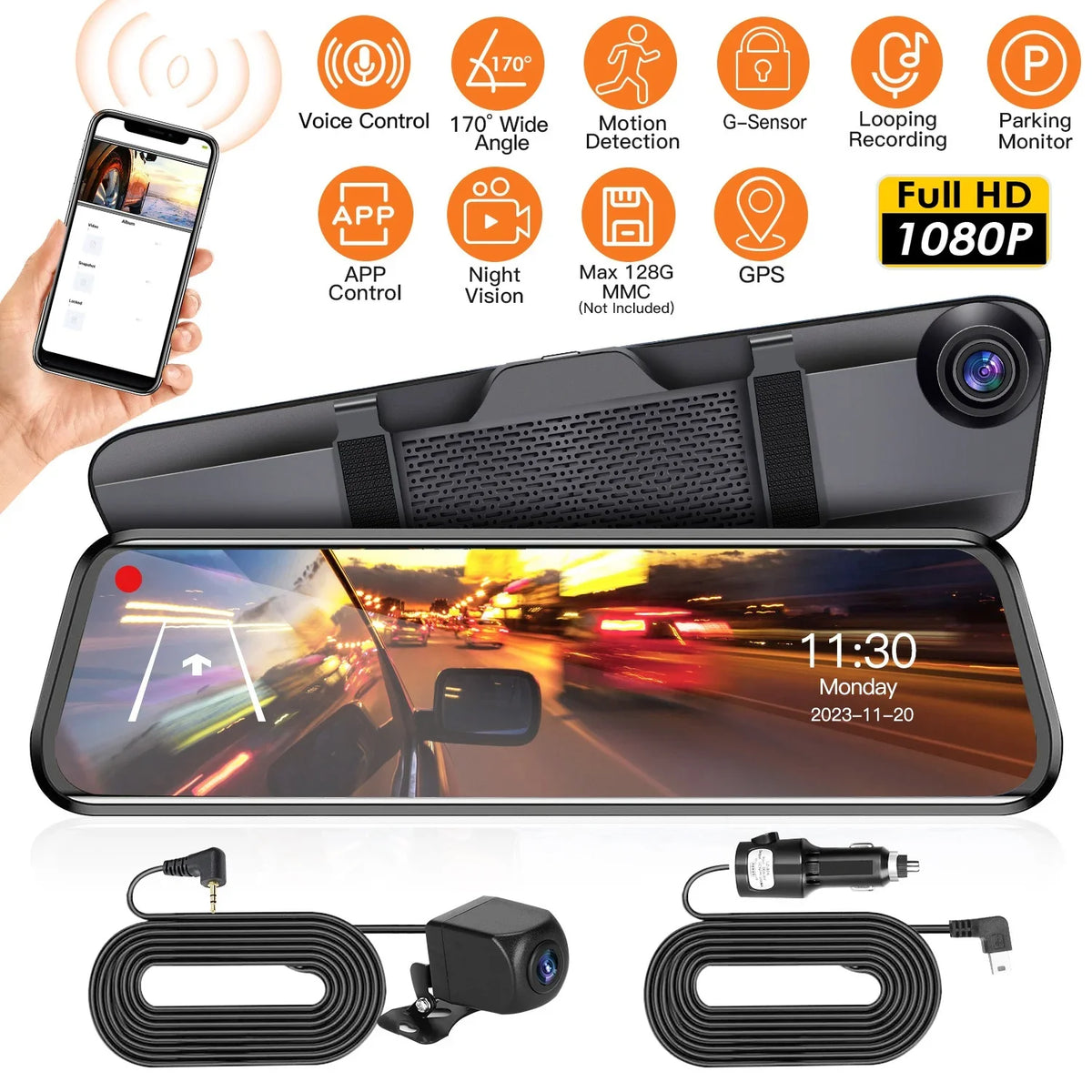 4K Motion Control Cam Detection 12in Recording Control DVR Camera Recorder Car Angle APP classic with Voice G-sensor 170° iMounTEK Camcorder Loop Dash Night Vision
