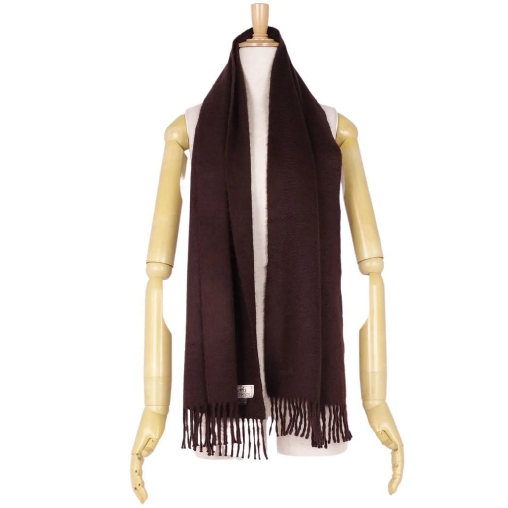 Pre-Owned cashmere (Good) dark men's women's high quality embroidery brown scarf HERMES 100%