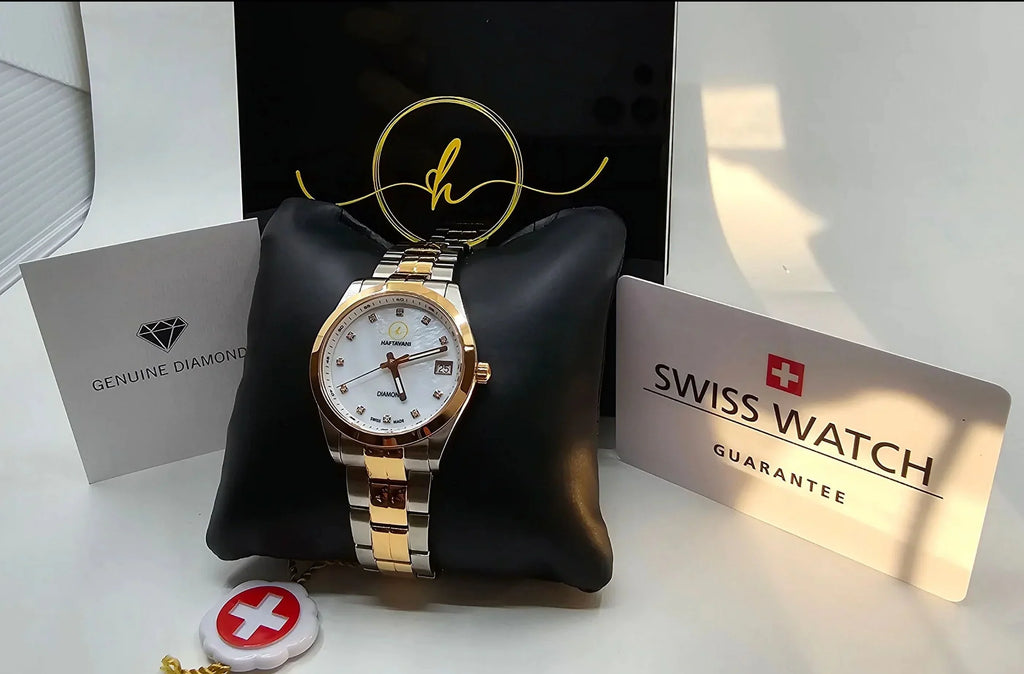 Queen Face Waterproof Made Stainless Lady Quartz Haftavani Diamond Diamonds Genuine Bicolour Marble -100M Gold Silver-Rose - Swiss Steel - With Watch –