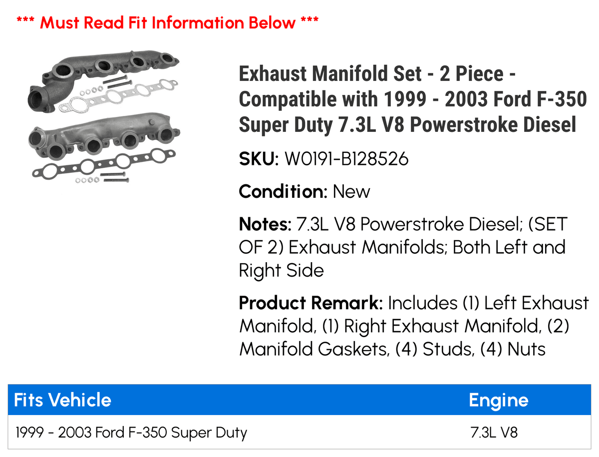 '- Manifold 1999 Duty V8 - 2003 - 2 Diesel 2002 Set Exhaust with 2001 F-350 Piece Ford 7.3L Powerstroke 2000 Super high quality Compatible
