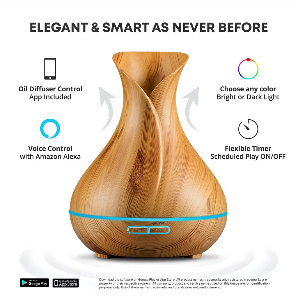 Light Oils, Aromatherapy Smart Essential WiFi Diffuser Wood Sierra Humidifier Home Modern for 400 and ml