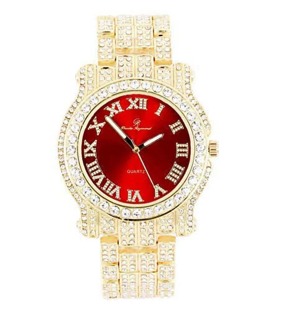 Out Blood Bling-ed Link Gold w/Bling-ed Gold L0504RNB Bracelet ZZ - Luxury ZZ Out Mens Round Red Design Watch