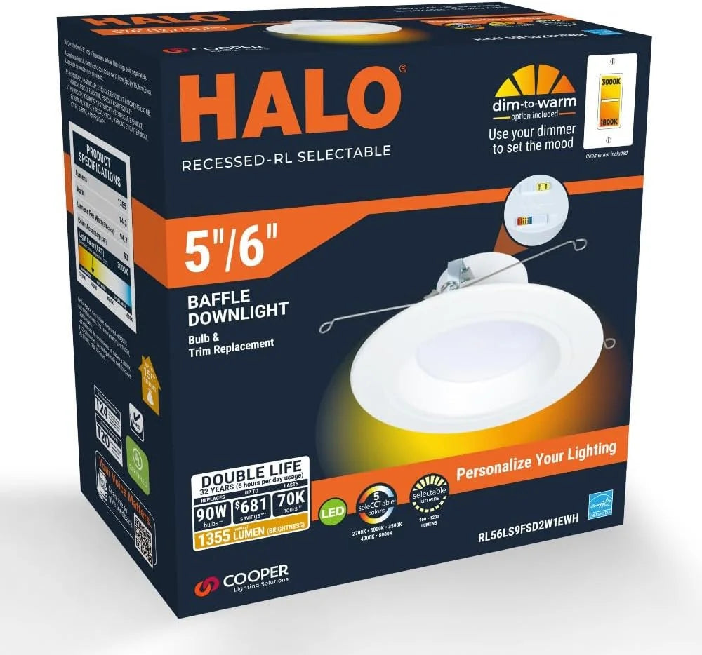 RL 900/1200 and Ceiling Retrofit Shower Trim, Warm, Lumens, LED inch Selectable Lumens to White Recessed Selectable Downlight, Retrofit Dim 5/6 Series Baffle Light & Matte CCT HALO