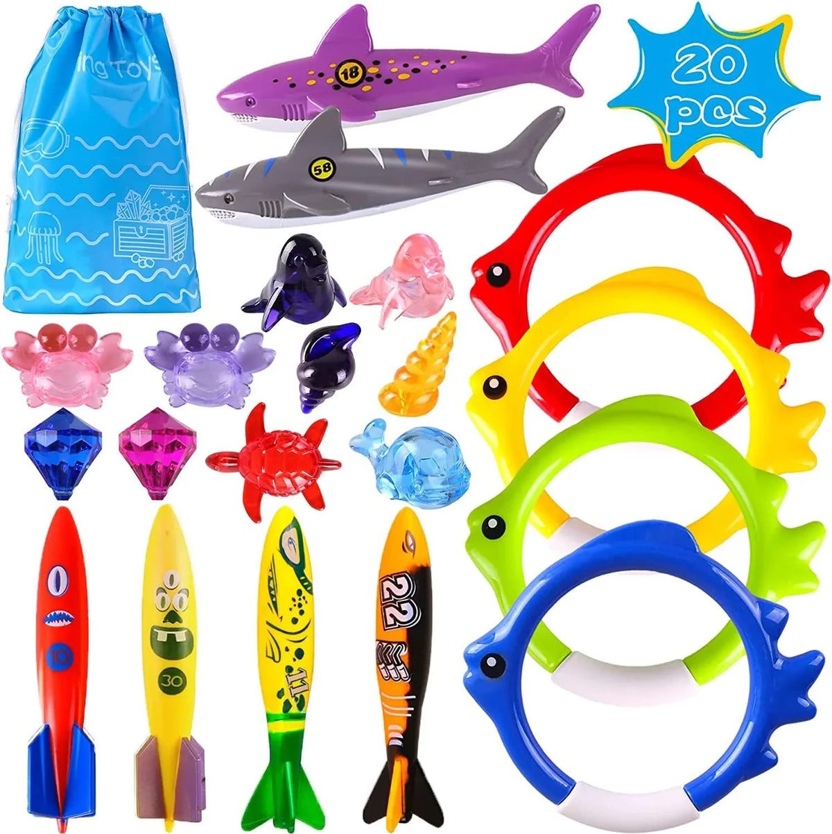 Playoza Summer Kids,Fun Swim & Gifts Boys Development Toys Girls Pool Pool Swimming Swim Bag,20 Skill Diving Storage for Toys Pack Learning Games Dive with Underwater Swimming Diving Set, for