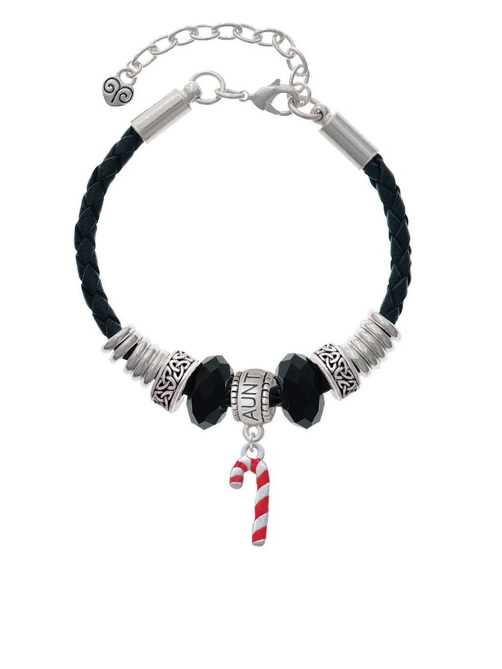 Jewelry Bead 3-D Candy Silvertone Knot Bracelet, Delight Red Aunt Celtic Enamel Leather Cane Extender 7"+2"