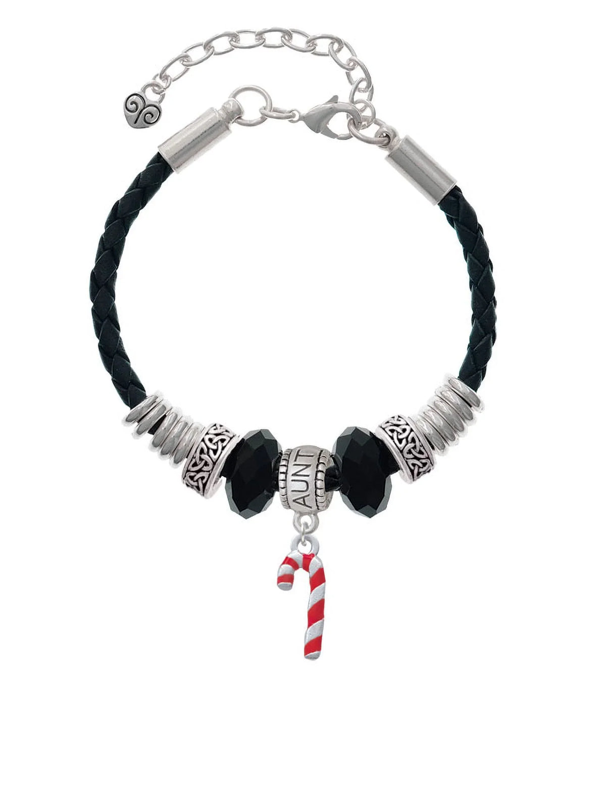 Jewelry Bead 3-D Candy Silvertone Knot Bracelet, Delight Red Aunt Celtic Enamel Leather Cane Extender 7"+2"