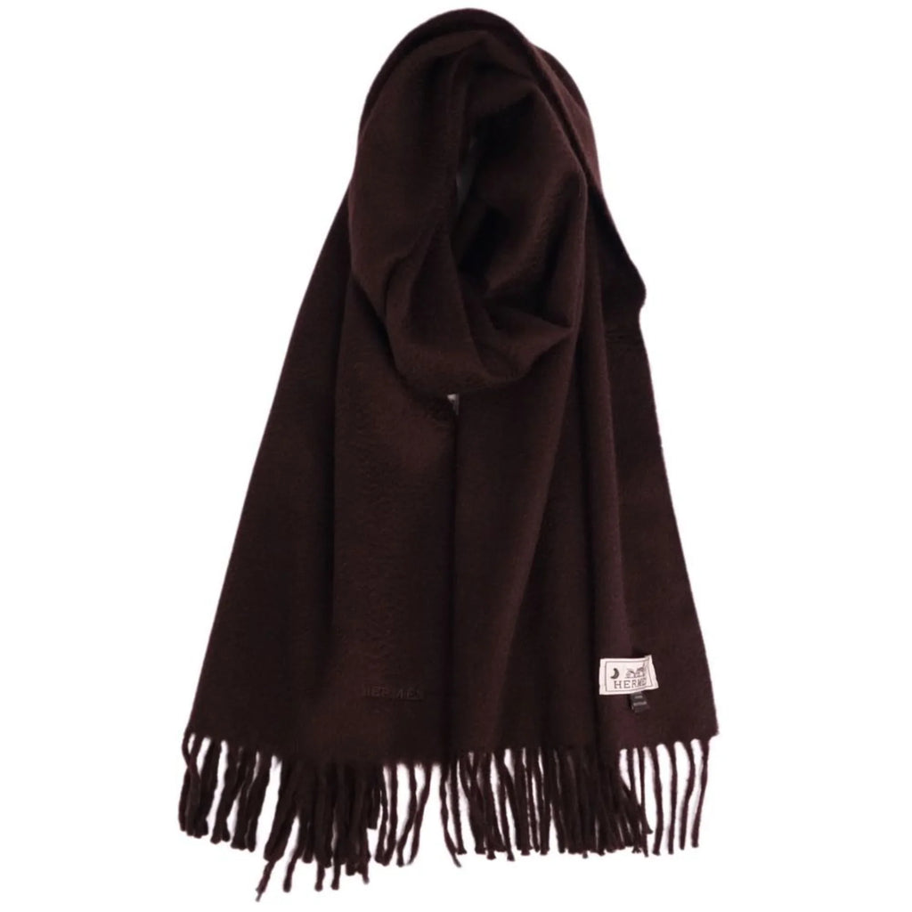 Pre-Owned cashmere (Good) dark men's women's high quality embroidery brown scarf HERMES 100%