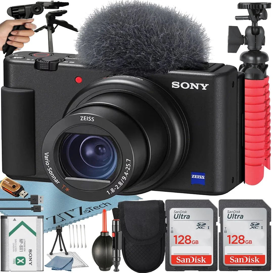 Pack Bundle (Black) + Case Camera 2 ZeeTech Vlogging + Accessory ZV-1F with + SanDisk 128GB Memory Tripod Card
