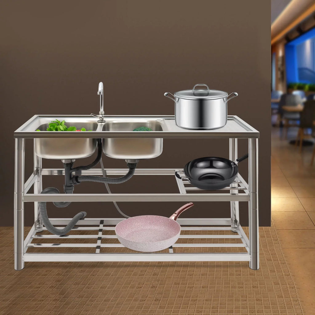 Faucet+Drainpipe with Kitchen trendy Sink Stainless Basin Double Aiqidi Prep & Freestanding Bowl Sink Steel Commercial Utility Restaurant
