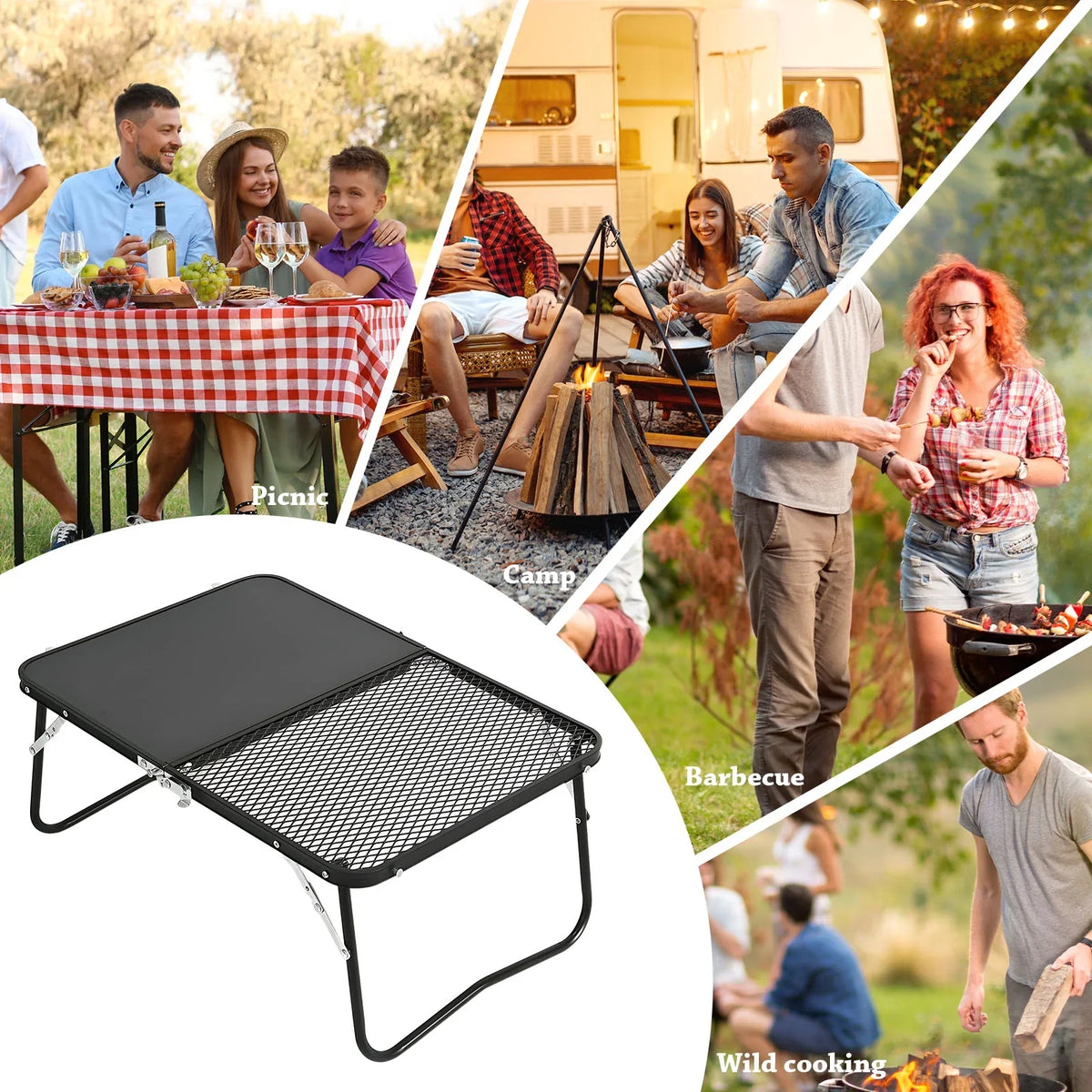 2-in-1 for Camping Fishing,Camping. Barbecue, Cutting and Board Table Table, Campfire Folding Picnic, Outdoor Portable Grill