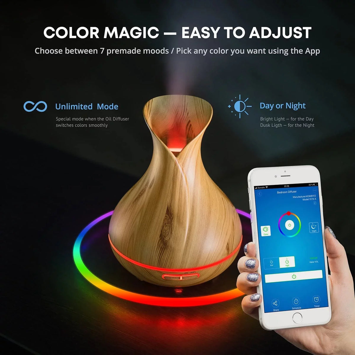 Light Oils, Aromatherapy Smart Essential WiFi Diffuser Wood Sierra Humidifier Home Modern for 400 and ml